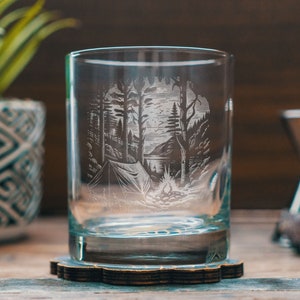 Tent Camping Mountain Scene Glasses | Custom engraved glassware for beer, whiskey, wine & cocktails. Outdoor gift. Barware and home decor.