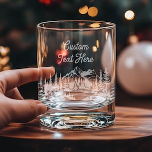 Custom Name Text Engraved Glasses  - Mountain Theme | Personalized Glasses for Beer, Whiskey, Wine Cocktails, Home Decor, Hike Outdoor Gift