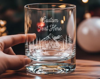 Custom Name Text Engraved Glasses  - Mountain Theme | Personalized Glasses for Beer, Whiskey, Wine Cocktails, Home Decor, Hike Outdoor Gift