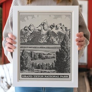 Grand Teton National Park Lithograph Style Print - Vintage Wyoming archival matte fine art print. Jackson Hole western mountain gift.