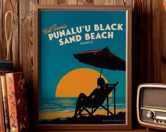 Hawaii Custom Beach Wall Art Poster - Vintage inspired Coastal Decor Illustration, archival art print. Retro Beach House decor. HI Gift.