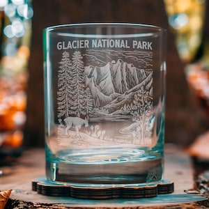 Glacier National Park Glasses | Personalized Whiskey, Wine & Beer Etched Glassware, Montana Gift, USA Made Western Home Decor