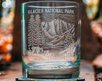 Glacier National Park Glasses | Personalized Whiskey, Wine & Beer Etched Glassware, Montana Gift, USA Made Western Home Decor