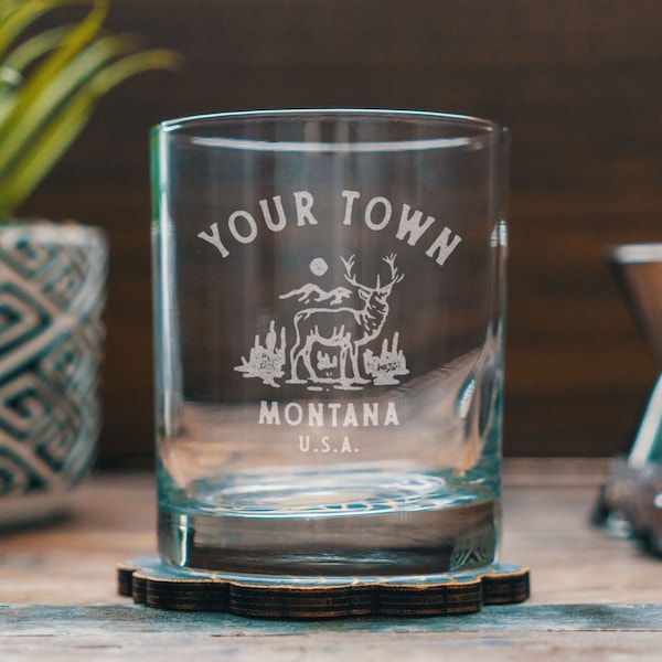 Custom Montana Town Deer Glasses | Personalized glassware for beer, whiskey, wine and cocktails. State hometown gift. Barware home decor.
