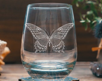 Butterfly Glasses | Personalized engraved Beer, Cocktail, Whiskey, Wine glassware. Garden lover gift. Bug Enthusiast Cottage Home Decor.