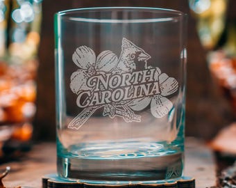 North Carolina State Bird Glasses | Personalized Whiskey, Wine & Beer Etched Glassware, North Carolina Gift, USA Made, Cardinal, Dogwood