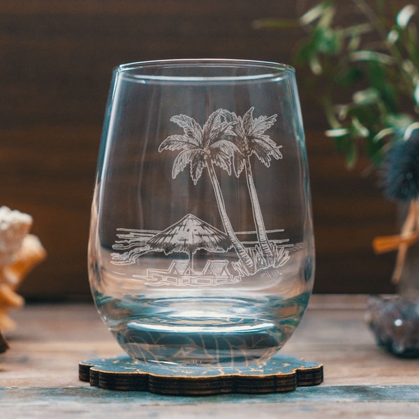 Beach Scene Glasses | Personalized engraved glassware for beer, whiskey, wine and drinks. Palm Trees Ocean. Coastal living lifestyle decor.