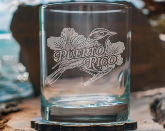 Puerto Rico National Bird Glasses | Personalized Whiskey, Wine & Beer Etched Glassware, PR Gift, USA Made, Puerto Rican Spindalis, Maga