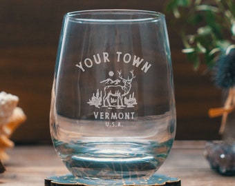 Custom Vermont Town Deer Glasses | Personalized glassware for beer, whiskey, wine and cocktails. Vermont hometown gift. Barware home decor.