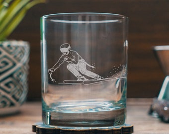 Downhill Skier Glasses | Personalized Beer, Cocktail, Whiskey, Wine glassware. Skier Racer gift. Winter Mountain cabin barware home decor