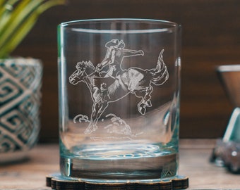 Cowboy Glasses | Personalized Engraved glassware for whiskey lovers. Western themed gift. Rustic Ranch barware and Southwestern home decor