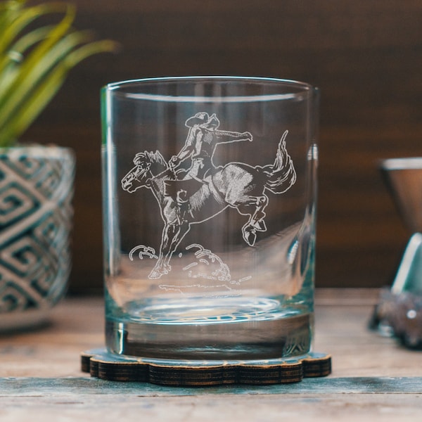 Cowboy Glasses | Personalized Engraved glassware for whiskey lovers. Western themed gift. Rustic Ranch barware and Southwestern home decor