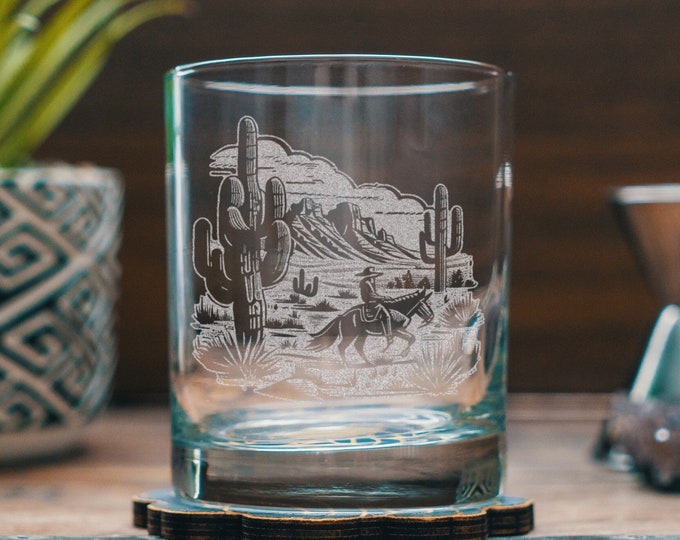 Cowboy in the Desert Scene Glasses | Personalized etched glassware for beer, whiskey, wine & cocktails. Western Ranch, Southwestern Decor.