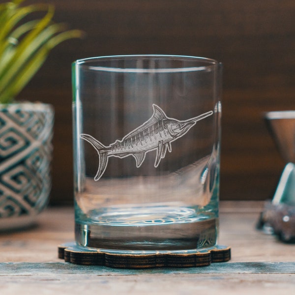 Marlin Etched Glasses | Personalized etched glassware for beer, whiskey, wine & cocktails. Sport Fishing boating gift. Coastal living decor