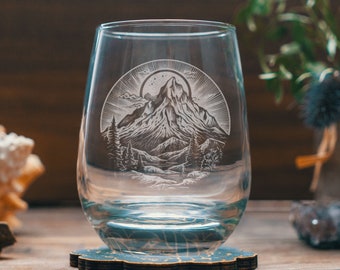 Mountain Sun Scene Glasses | Personalized engraved glassware for beer, whiskey, wine and cocktails. Outdoor camp gift. Barware, home decor.