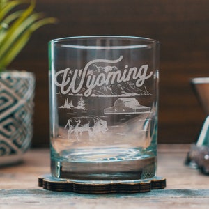 Wyoming State Engraved Glasses | Personalized landscape etched glassware for beer, whiskey, wine and cocktails. Home decor & gift.