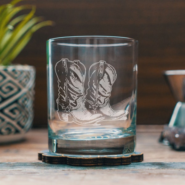 Cowboy Boots Glasses | Personalized engraved glassware for beer, whiskey, wine and cocktails. Western rustic living. Cabin barware home gift