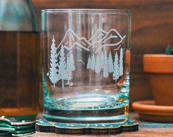 Scenic Mountain Glasses | Personalized Beer, Cocktail, Whiskey, Wine glassware. Cabin & wilderness gift. Mountain cabin barware home decor.