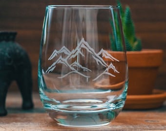 Mountains Glasses | Personalized Engraved Beer, Cocktail, Whiskey, Wine glassware. Hiking Outdoor wilderness gift. Mountain cabin barware.