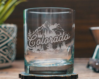 Colorado Mountains Engraved Glasses | Personalized landscape etched glassware for beer, whiskey, wine and cocktails. Home decor & gift.