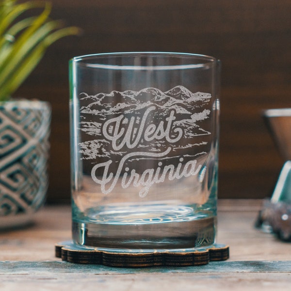 West Virginia State Engraved Glasses | Personalized landscape etched glassware for beer, whiskey, wine and cocktails. Home decor & gift.