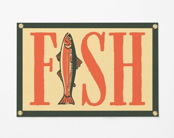 FISH Banner | Vintage Fishing Wall Decor, Rustic Cabin Art, Lake House Decor, Kids Fishing Room, Outdoor Adventure Wall Hanging