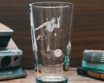 Custom Male Bowler Engraved Glasses | Personalized sport etched glassware for beer, whiskey, wine and cocktails. Home decor & league gift.