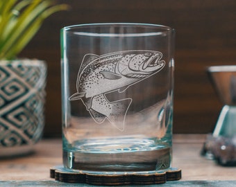 Trout Glasses | Personalized etched Beer, Cocktail, Whiskey and Wine glassware. Fishing & hunting gift. Rustic cabin barware and home decor.