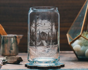 Camping Scene Glasses | Personalized engraved glassware for beer and cocktails. Outdoor & wildlife gift. Cabin barware and home decor.