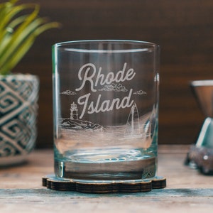 Rhode Island State Engraved Glasses | Personalized landscape etched glassware for beer, whiskey, wine and cocktails. Home decor & gift.