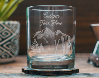 Custom Name Text Engraved Glasses - Ski Themed | Personalized Glasses for Beer, Whiskey, Wine, Cocktail, Home Decor, Ski Lover Gift, Winter