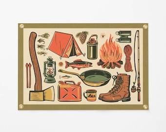 Camping Gear Banner | Vintage Camping Wall Decor, Outdoor Adventure Art, Campfire Cabin Decor, Rustic Kids Room, Summer Camp Wall Hanging