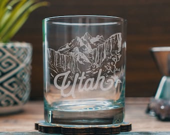 Utah State Engraved Glasses | Personalized landscape etched glassware for beer, whiskey, wine and cocktails. Home decor & gift.