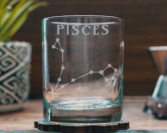 Pisces Zodiac Engraved Glasses | Personalized astrology constellation glassware for beer, whiskey, wine and cocktail, home decor & gift