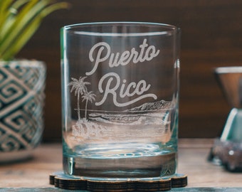 Puerto Rico USA Engraved Glasses | Personalized landscape etched glassware for beer, whiskey, wine and cocktails. Home decor & gift.