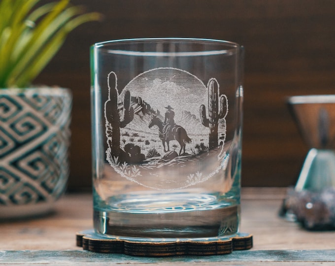 Cowboy on the Range Scene Glasses | Personalized etched glassware for beer, whiskey, wine & cocktails. Western Desert, Southwestern Decor.