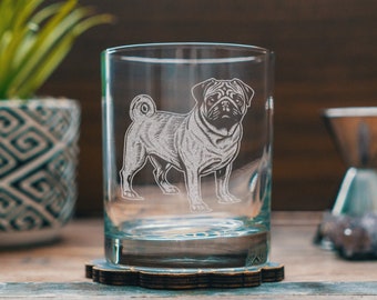Pug Customizable Dog Glasses | Your Dog's Name Personalized engraved glassware for beer, whiskey, wine & drinks. Pet lover owner gift.