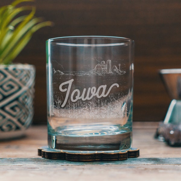 Iowa State Engraved Glasses | Personalized landscape etched glassware for beer, whiskey, wine and cocktails. Home decor & gift.