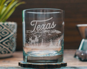 Texas State Engraved Glasses | Personalized landscape etched glassware for beer, whiskey, wine and cocktails. Home decor & gift.