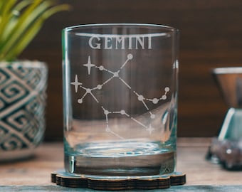 Gemini Zodiac Engraved Glasses | Personalized astrology constellation glassware for beer, whiskey, wine and cocktails, home decor & gifts