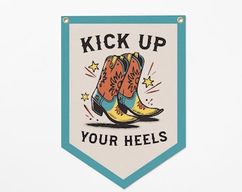 Kick Up Your Heels Camp Flag | Cowboy Boots Wall Hanging, Western Kids Room Decor, Rodeo Nursery Art, Cowgirl Bedroom Banner, Rustic Decor