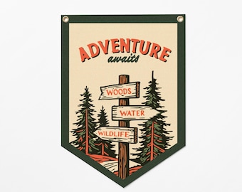 Adventure Awaits Camp Flag | Vintage Outdoor Decor, Kids Camping Decor, Woodland Nursery Art, Summer Camp Decor, Nature Adventure Banner
