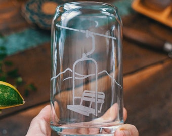Chairlift Glasses | Personalized Engraved Beer, Cocktail, Whiskey, Wine glassware for skiers & snowboarders. Winter Mountain Cabin Gift
