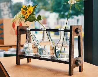 Mid Century Modern Bud Vase Stand | laser cut wood plant stand, walnut finish, glass vases, vintage scientific inspired, Benoit's Design Co