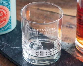 Washington, DC City Skyline Engraved Glasses | Hometown etched glassware for beer, whiskey, wine & cocktails. DC pride Housewarming gift.