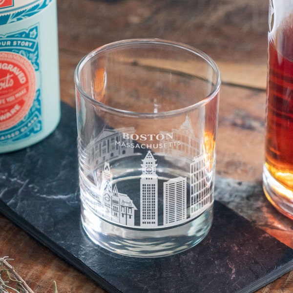 Boston, Massachusetts City Skyline Engraved Glasses | Hometown etched glassware for beer, whiskey, wine and cocktails. Housewarming gift.