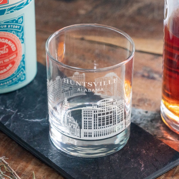 Huntsville, Alabama City Skyline Engraved Glasses | Hometown pride etched glassware for beer, whiskey, wine & cocktails. Housewarming gift.