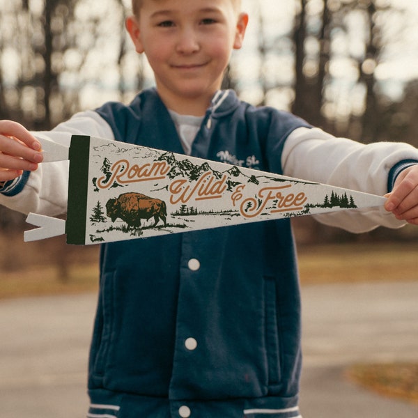 Roam Wild & Free Felt Pennant | Vintage Rustic Wild West Banner, Buffalo Room Decor, Cowboy Gift for Kids, Western Cowgirl Nursery Wall Art