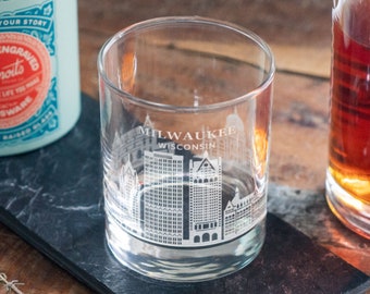 Milwaukee, Wisconsin City Skyline Engraved Glasses | Hometown pride etched glassware for beer, whiskey, wine & cocktails. Housewarming gift.