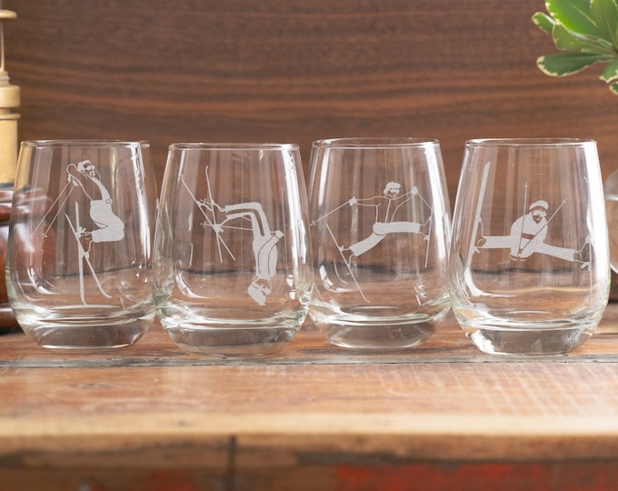 Classic Ski Tricks Glasses Set of 4 | Personalized Engraved Beer, Cocktail, Whiskey, Wine Glassware, Vintage Skiing Mountain Cabin Gift.